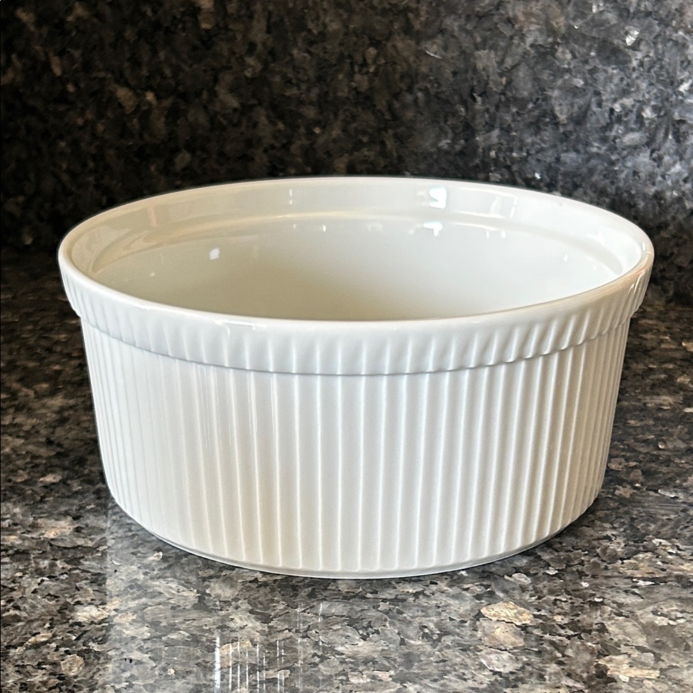 Apilco Ribbed White Porcelain Soufflé Ramekin Dish Made In France 7 1/2”x 3 1/2”
